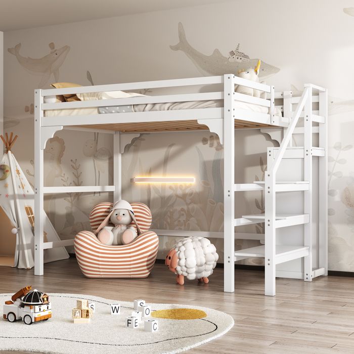 Lit Mezzanine Bois 140x200 cm avec Sommier Lattes Marches Penderie Rangements Étagère Sans Matelas Chêne