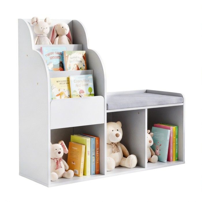 Bibliothèque Enfant avec Banc GIANTEX Meuble Rangement à 3 Niveaux & 3 Cubes Range-jouets Coussin Amovible 3 Ans+