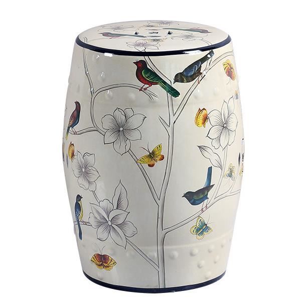 Tabouret Céramique Blanc Oiseaux Fait Main Tayla D30 x H 45 cm - Fine Asianliving