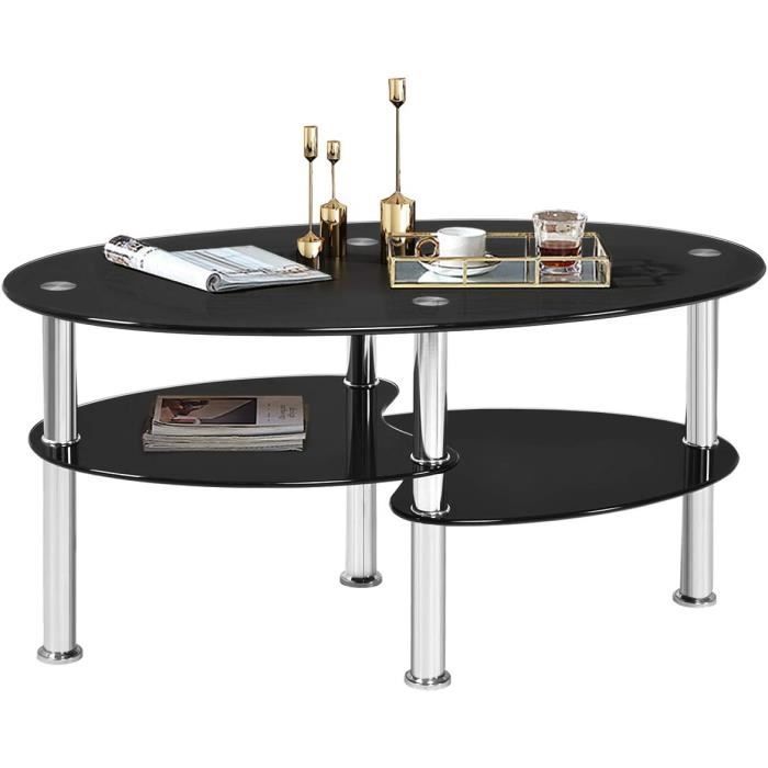 Table Basse Ovale En Verre Trempé 3 Niveaux - 90x50x43cm | Cadre Métal Blanc, Pieds Antidérapants | Moderne