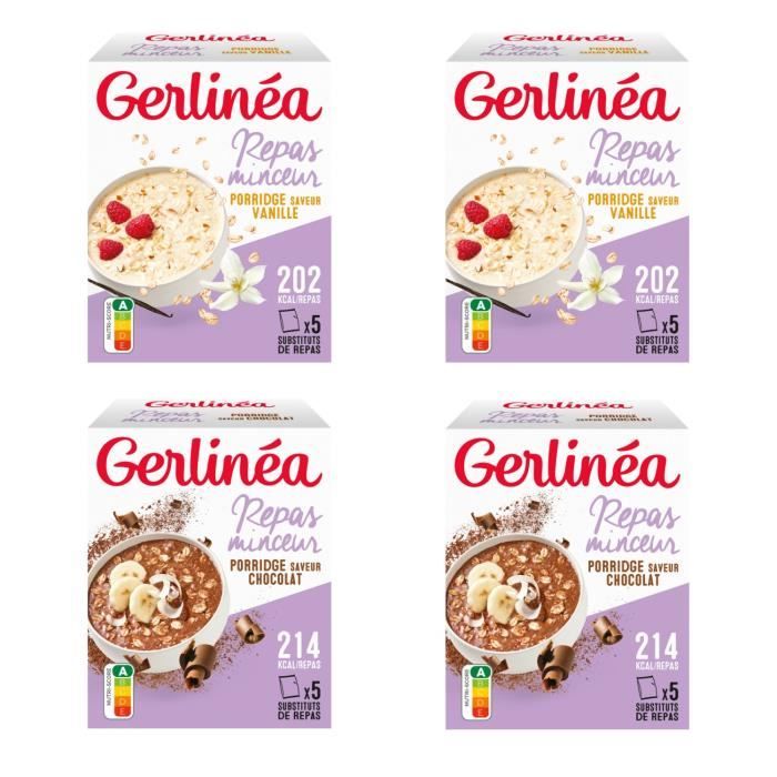 Gerlinéa - 20 Petits Déjeuners Pörridges Saveur Vanille et Chocolat - Petit-Déjeuner Complet et Rapide - 4 boîtes de 5 portions