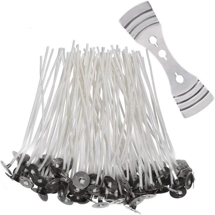 Lot 100 Mèches Bougie Chanvre + Cire D'Abeille Naturelle 10 Cm – Mèches Durables Sans Paraffine + Support Métal