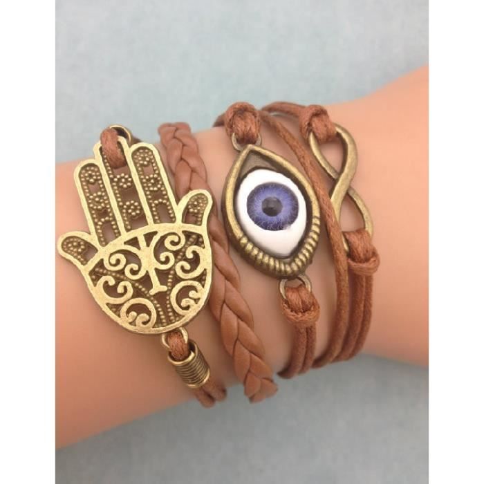 Bracelet marron grande main de fatma oeil lnfini