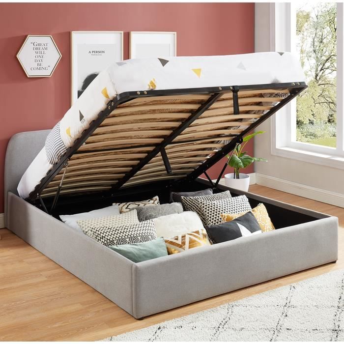 Homifab Lit Coffre Scandinave 140x190 Gris Clair Avec Tete De Lit Sommier A Lattes Collection Lena Cdiscount Maison