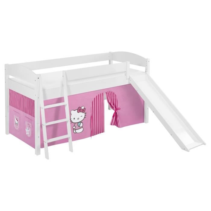 Lit surélevé ludique - HELLO KITTY - IDA 4105 - Blanc laqué - Rideaux et toboggan - 90x200 cm Lit surélevé ludique - HELLO KITTY - IDA 4105 - Blanc laqué - Rideaux et toboggan - 90x200 cm