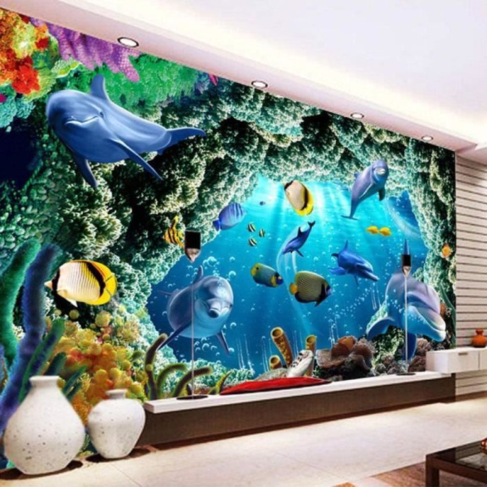Papier Peint 3D Sous-marin Avec Requins - Réf Q1733, Autocollant Mural, Origine Chine