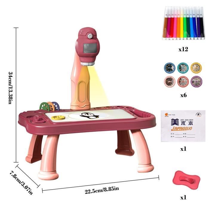 KETIEE – Projecteur De Dessin Pour Enfants – 72 Motifs Sur 9 Diapositives, 12 Crayons, Bloc De Dessin – Dès 3 Ans (rose)