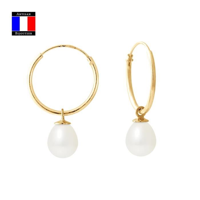 Compagnie Générale des Perles - Boucles d'Oreilles Véritable Perle de Culture 7-8 mm Or Jaune 18 Cts Système Créoles - Bijou Femme