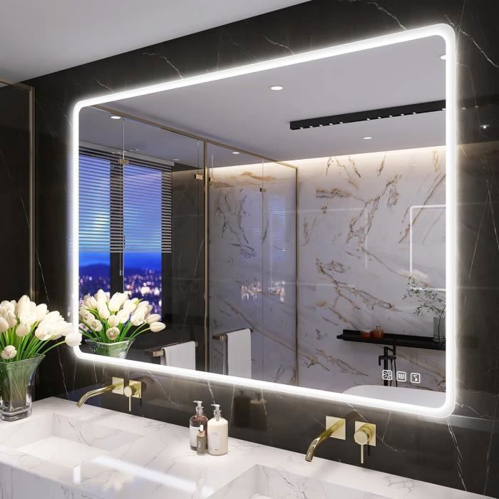 100 x 70 cm Miroir de Salle de Bain LED avec Haut-Parleur Bluetooth Miroir Salle de Bain avec Eclairage Anti-buée Vertical Horizonta