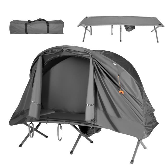 GOPLUS Lit de Camping pour 1 Personne,Tente Pliable avec Lit Surélevé et Tapis de Couchage,Poche de Rangement pour Chaussures,Gris