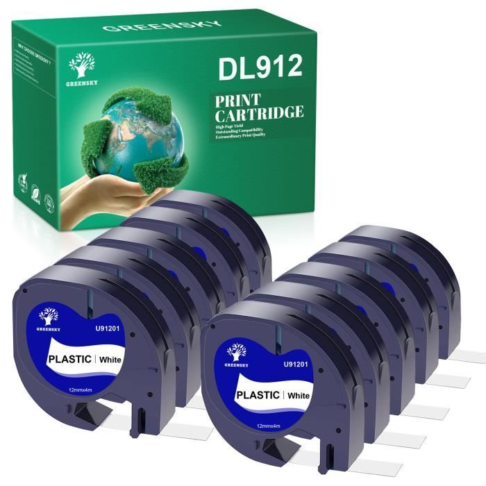 10 greensky compatible plastique ruban 91201 Noir sur Blanc , 12mm x 4m, Recharge Dymo ruban pour Dymo Letratag LT 100H LT 100T