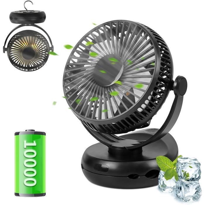 Homefire Ventilateur de table portable Batterie 10000mAh - Plastique - Noir - 16 x 12 x 19.3cm - avec lumière LED - USB - Hom