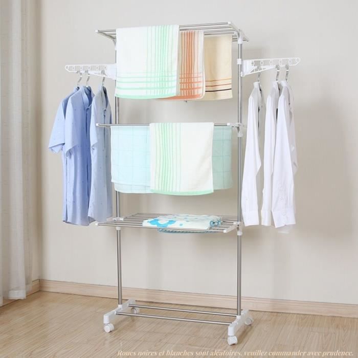 MIPAN - Séchoir à Linge Pliable - 1Porte-chaussures - 2Ailes latérales - 3Niveaux - Acier thermolaqué et plastique - Blanc - H158cm - Maison