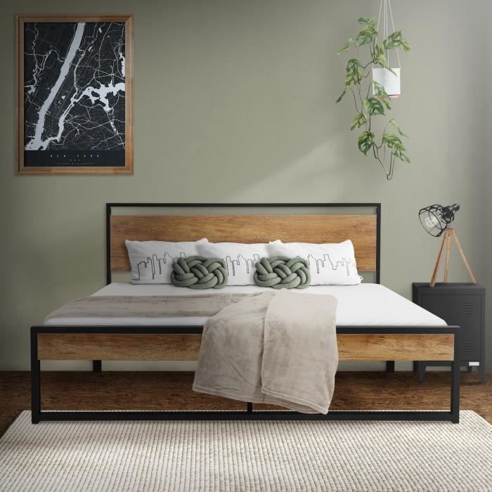 ml-design cadre de lit 160x200 cm, en acier, noir-brun avec tête de lit en bois avec sommier à lattes cadre métallique