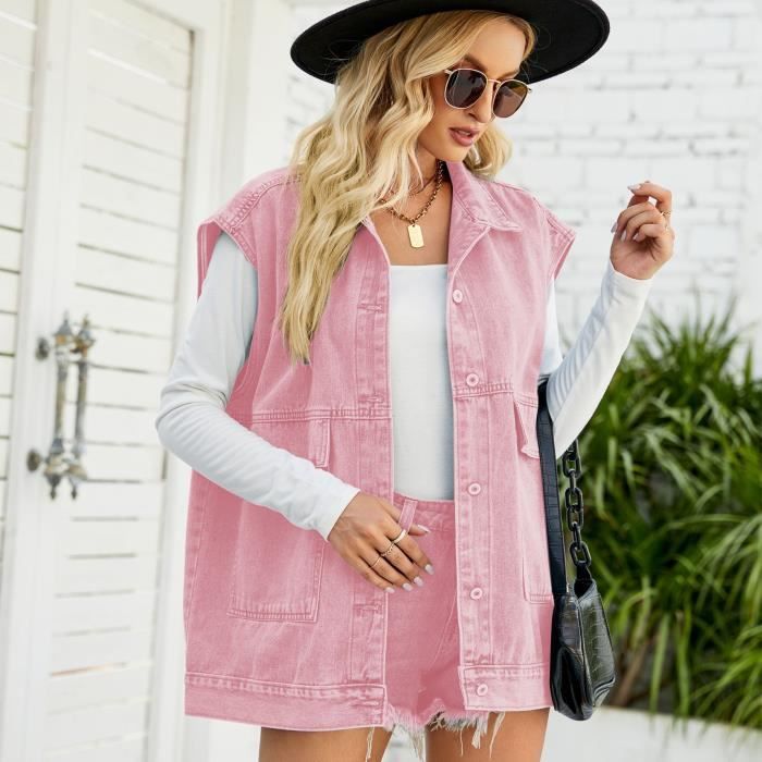 Gilet En Jeans Femme Veste Sans Manches Avec Poches Casual Gilet Lache Col Revers Pour Printemps Et Automne Taille EU Rose Rose Cdiscount Pret a Porter