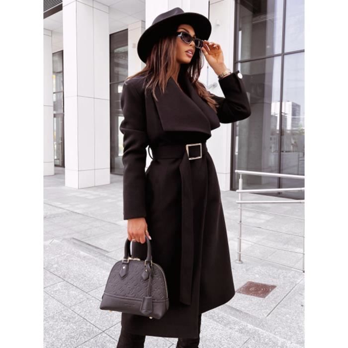 Manteau long a la ceinture hiver femme noir uni en laine Caban long pas cher de qualite grande taille Veste blouson hiver chaud Noir Cdiscount Pret a Porter