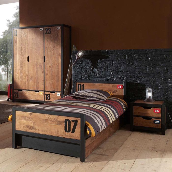 Pack - Lit Enfant Chevet Tiroir & Armoire Alex I Marron & Noir Pack - Lit Enfant Chevet Tiroir & Armoire Alex I Marron & Noir