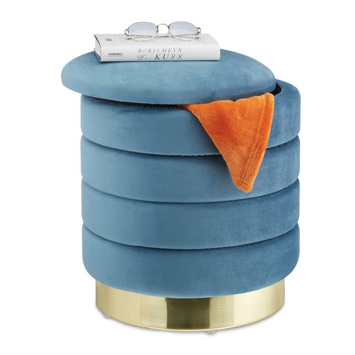 Relaxdays Pouf coiffeuse rangement rond tabouret velours siège rembourré élégant HxD: 43 5x39 cm bleu pétrole/doré