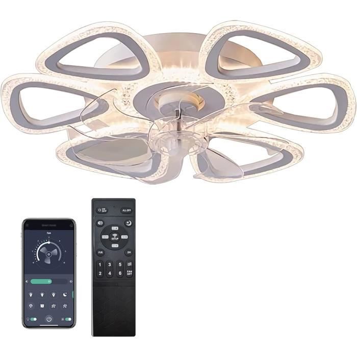 Ventilateur Plafond LED 50W 65 Cm – Silencieux Avec 6 Vitesses, Lumière Réglable, Moteur DC Inversible, Blanc Moderne