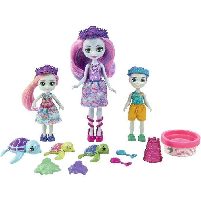 Enchantimals Coffret Famille Tortue Océan – Poupées Tinsley, Tomas & Trini + 3 Figurines Et Pâte à Modeler