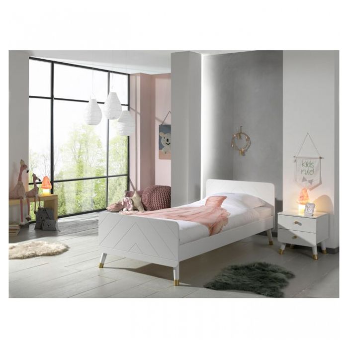 Lit 90x200 Sommier Inclus et Chevet 2 tiroirs Billy - Blanc Satin - Vipack Lit 90x200 Sommier Inclus et Chevet 2 tiroirs Billy - Blanc Satin - Vipack