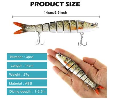 Gros Leurre Articulé 14 Cm – Poisson Nageur Coulant, Pour Brochet, Multicolore, Neuf