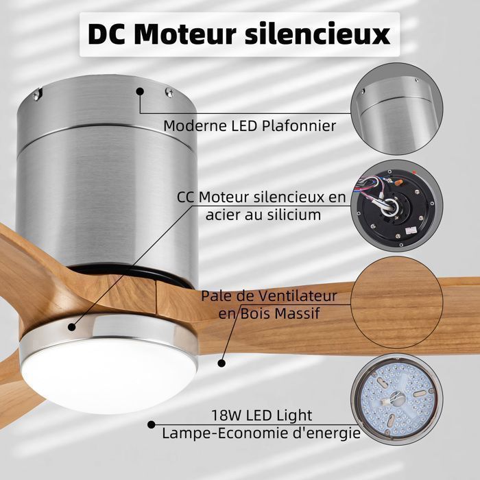 Ventilateur de Plafond avec Lumière et Telecommande LED Ventilateur