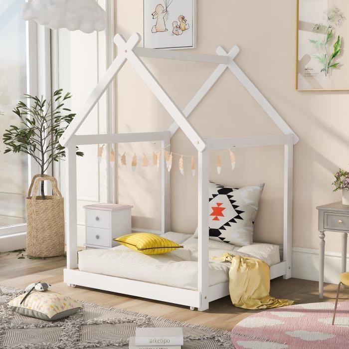 Lit Cabane Enfant Merax 90x200 Cm - Avec étagères, Porte, Tableau Noir - Blanc, Sans Matelas - 8