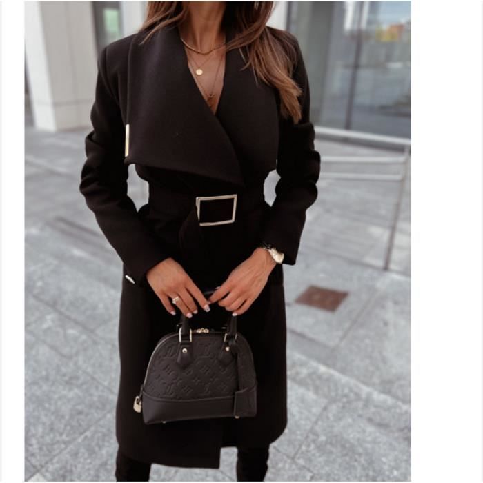 Manteau long a la ceinture hiver femme noir uni en laine Caban long pas cher de qualite grande taille Veste blouson hiver chaud Noir Cdiscount Pret a Porter