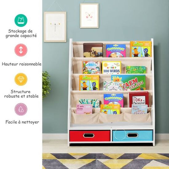 Costway Bibliotheque Pour Enfant Etagere De Rangement Pour Livres Avec 4 Etageres A Bandouliere Et 2 Boites Pour Jouets Cdiscount Puericulture Eveil Bebe