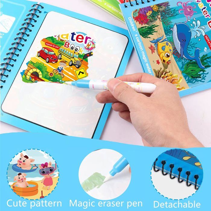 Lot De 4 Livres Magiques à L'eau – A5 Réutilisable – Avec 4 Pinceaux – Thèmes Dinosaures, Espace, Alphabet – Dès 3 Ans