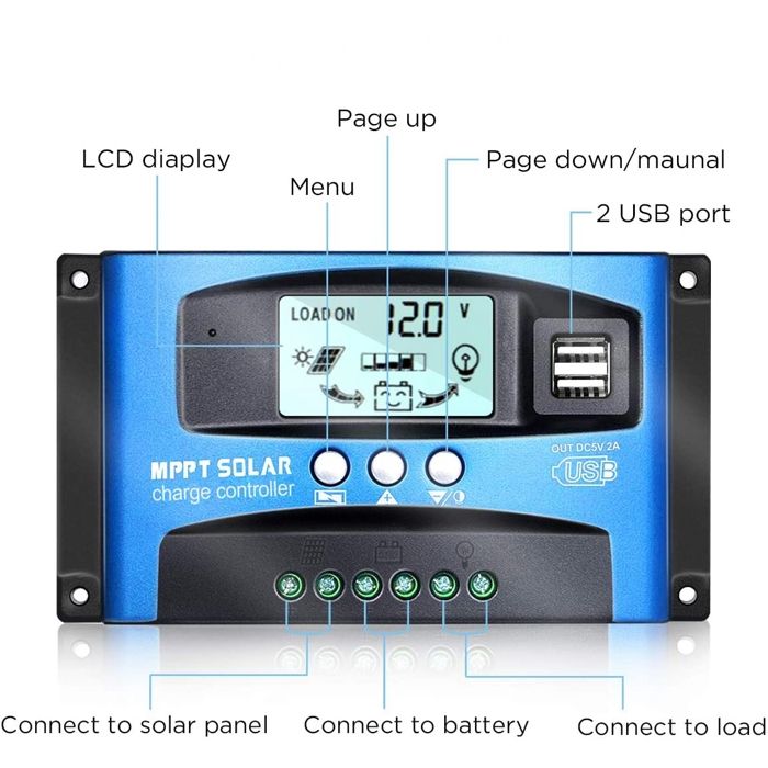 Régulateur De Charge Solaire MPPT 50A – 12V/24V – écran LCD + USB – Pour Maison Et Jardin