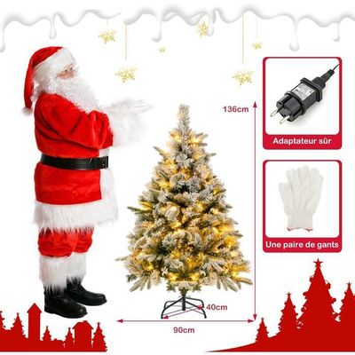 Sapin De Noël Artificiel 150 Cm Floqué Neige - 334 Branches, 150 LED, 11 Modes, Minuterie, Support Métal