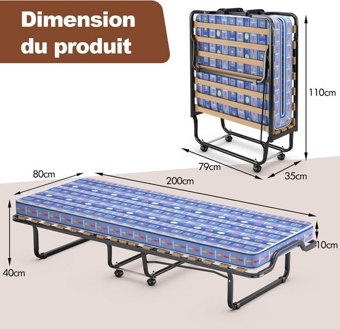 Lit Pliant Giantex 80x190 Cm Avec Matelas Mémoire De Forme | Lit D'Appoint Avec Roulettes Pour Maison, Bureau Ou Camping