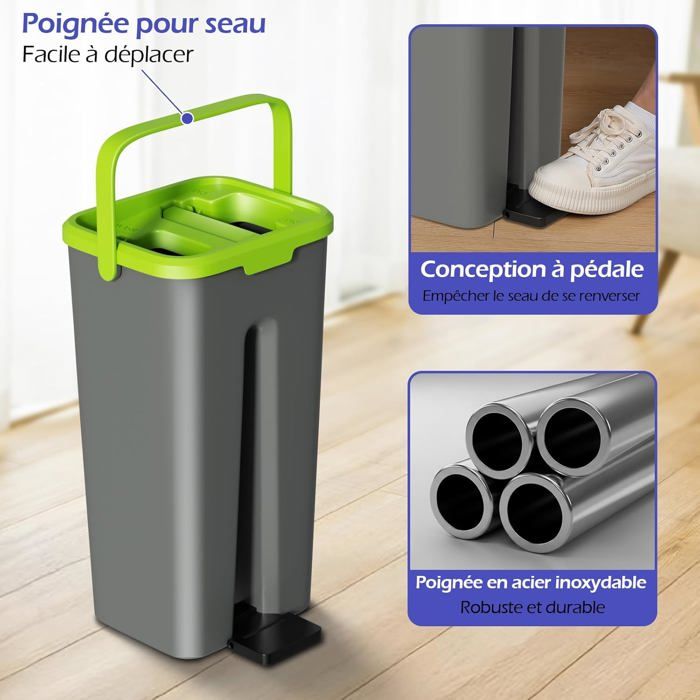 Kit Serpillère Avec Seau 2 En 1 - Rotation 360°, Essoreur, Séparation Eau Propre/sale, 2 Chiffons Microfibre, Manche Réglable