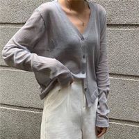 Gilet Cardigan Femme,Cardigan à manches longues pour femme,haut coréen,col en V,tricot fin,protection solaire,E600- GRAY[E69128]