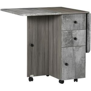 TABLE DE CUISINE  Table pliable de cuisine salle à manger - HOMCOM - aspect bois béton ciré gris - 2 tiroirs - placard - niche
