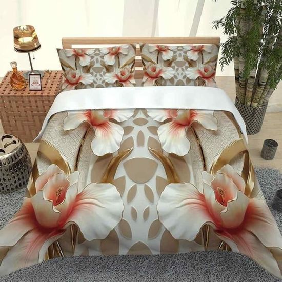 Housse De Couette 200x200 Pavé Fleur 2 Personnes - Parure De Lit Microfibre Douce Avec 2 Taies
