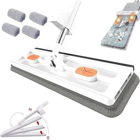 Balai Plat Réutilisable Avec 4 Tampons Lavables | Poignée Télescopique