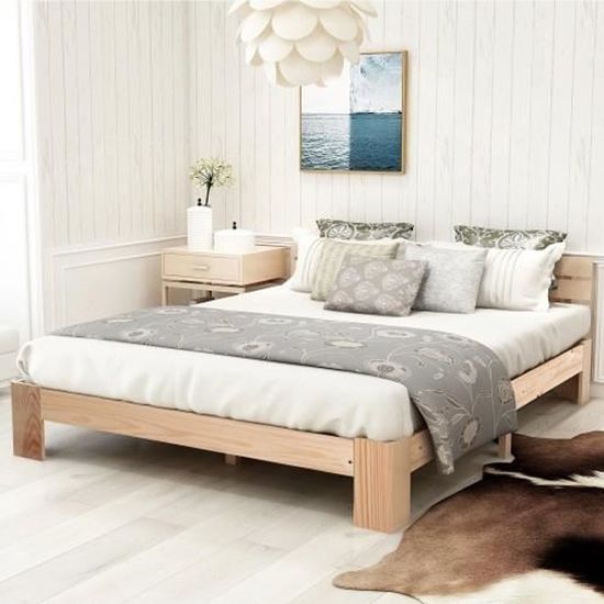 modern luxe lit a deux places en bois massif avec tete de lit lit en cadre avec sommier a lattes 200 x 140 cm naturel hb044 cdiscount maison