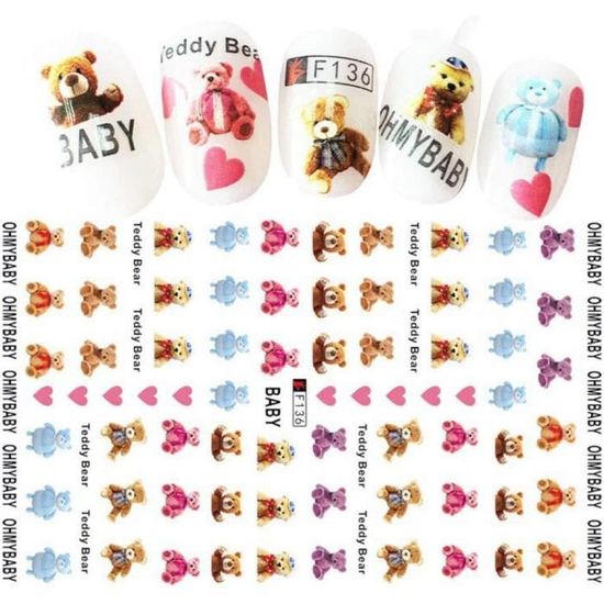 Autocollant Ongles Stickers 3D Ongles Curseur Art Ours Amour Coeur
