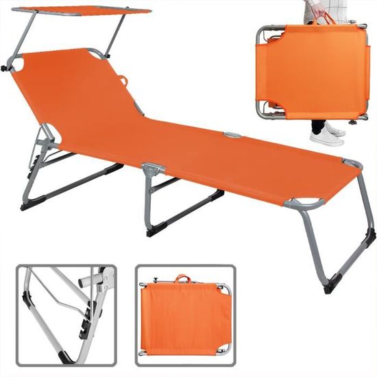 Chaise longue pliable Hawaii Orange transat avec pare-soleil bain de soleil pour plage jardin camping transport