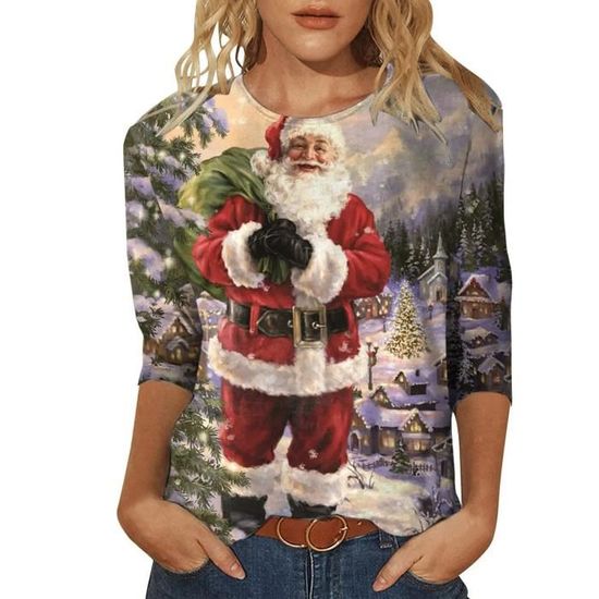 Tee Shirt Noël Femme Rigolo Col V – Coton Doux Décontracté, Imprimé Fun Pour Les Fêtes