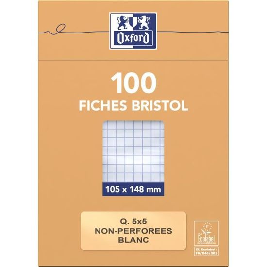 Oxford - 100 Fiches Bristol - Petits carreaux 5 x 5 mm - 14,8 x 21