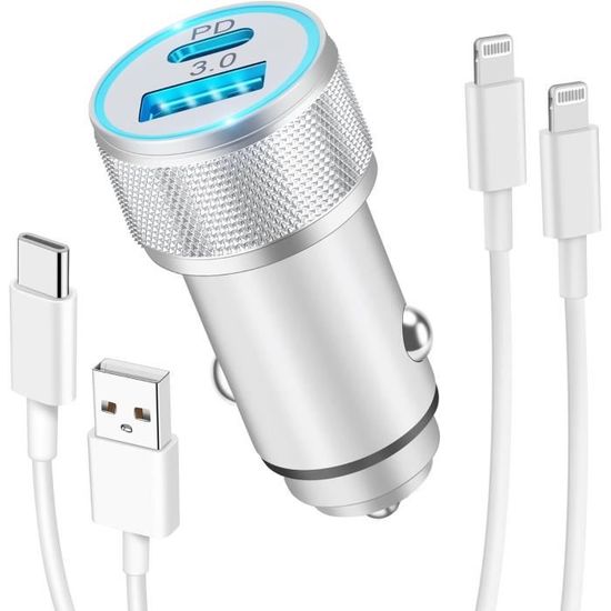 Chargeur Voiture Iphone Et Câbles, Prise Allume Cigare Usb C Rapide 38W ...