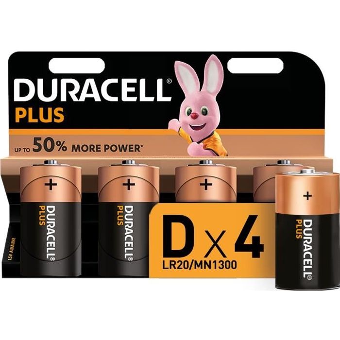 Duracell Plus, lot de 4 piles alcalines type D 1,5 Volts, LR20