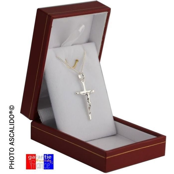 Pendentif Croix catholique jesus en argent massif 925 ensemble avec chaine 50cm et coffret écrin pour communion