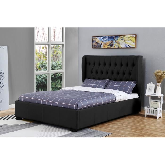 Lit Coffre Clarisse Capitonnée en Tissu Lin Noir (160 X 200 CM)