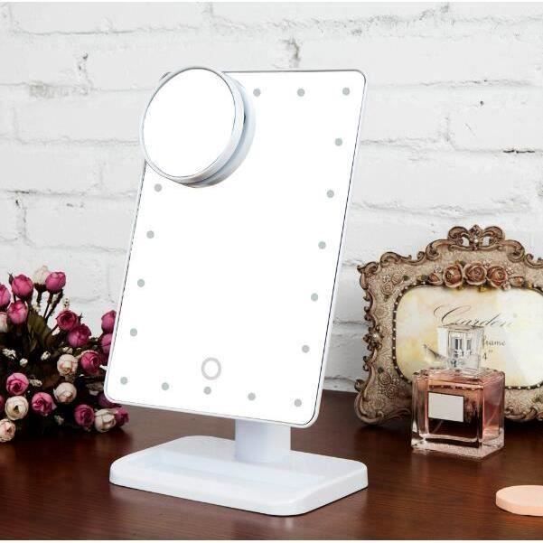 Blanc Protable 10X Loupe LED Tactile Écran Miroir de Maquillage Portable 20 Led Allumée Esthétique Réglable Vanité Table Contre