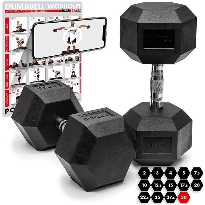 POWRX Haltères hexagone en Caoutchouc/Dumbbell 5 kg à 30kg / altere Musculation